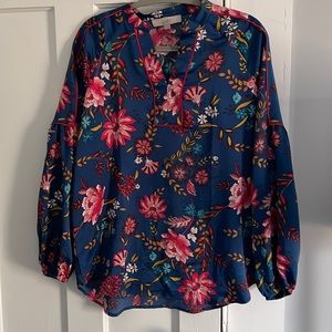 LOFT floral blouse with pink piping details